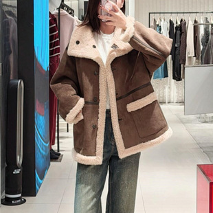 复古毛绒拼接宽松厚实高领大衣外套 女装 今年流行特惠2025冬季 新品