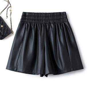 今年流行特惠跨境热销皮短裤 女秋5新高腰显瘦a字秋冬黑色阔腿皮