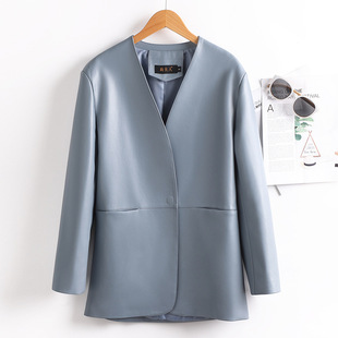 今年流行特惠海宁皮衣女短款 气质 黑色Vv领收腰皮夹克2026春秋新款