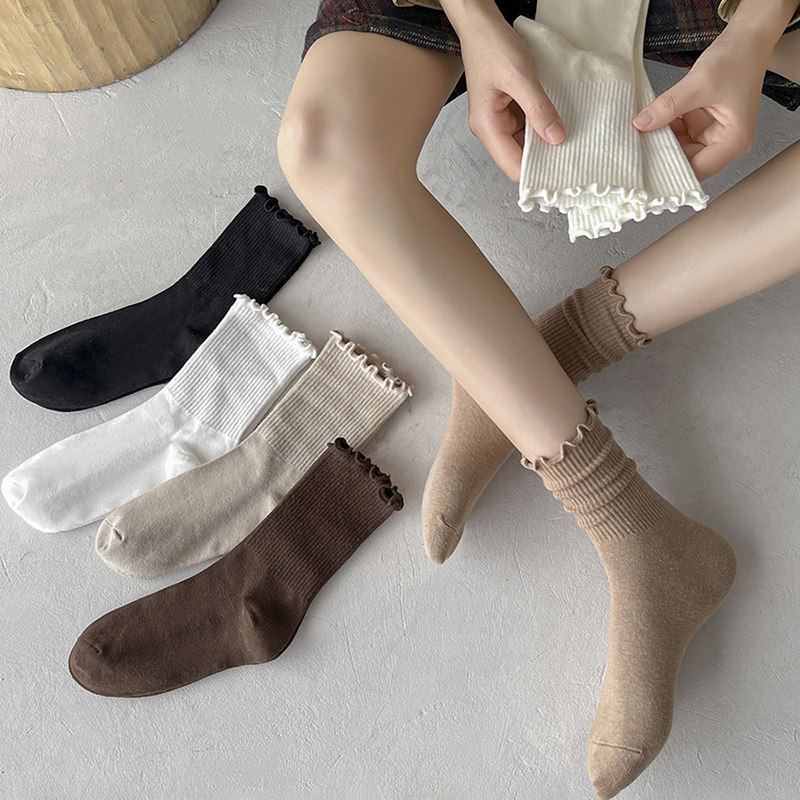 堆堆袜女搭配小皮鞋袜子外穿纯棉春秋棕色中筒花边木耳边乐福鞋潮