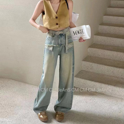 CM11-126韩版设计感复古做旧阔腿牛仔裤女2024新款高腰显瘦直筒裤