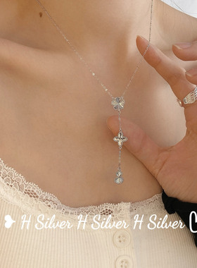 S925银镭射四叶草3朵小花葫芦银项链简约气质流苏波光粼粼锁骨链