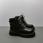 英伦风黑色马丁靴女短筒交叉绑带侧拉链厚底短靴37码 尾货