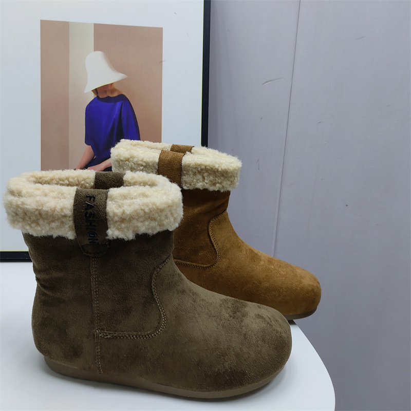 25冬季尾货处理新款复古仿磨砂短筒毛口女棉靴平跟加绒保暖雪地靴