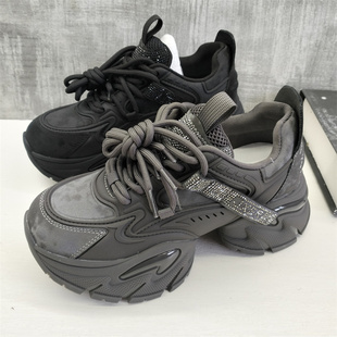 26春秋季 增高单鞋 新款 断码 水钻松糕底系带运动休闲老爹鞋 真皮女鞋