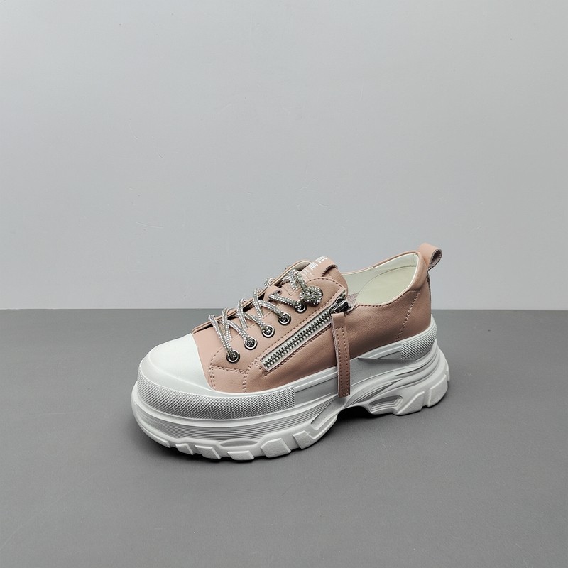 休闲风女鞋透气松糕底运动鞋圆头系带厚底百搭四季款粉色侧拉链