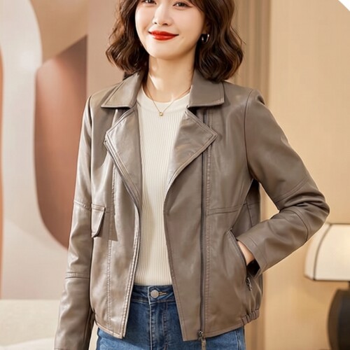女春秋复古机车短款皮夹克