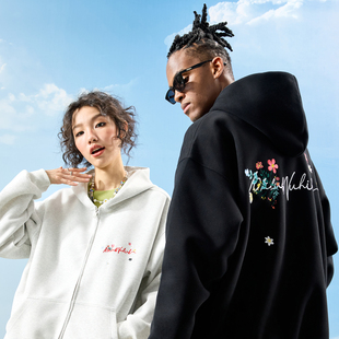 新款 卫衣外套男女2025冬季 复古花卉刺绣字母连帽开衫 Nuthink美式