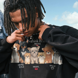 新款 Nuthink美式 复古卡通小狗圆领卫衣加绒加厚情侣男女2025冬季