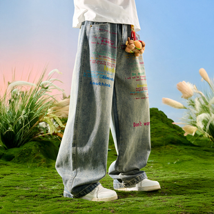 子男2026年春 阔腿垂感字母潮牌裤 Nuthink美式 复古水洗做旧牛仔裤