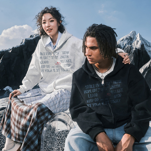 新款 外套男女2025冬季 复古字母小猫连帽卫衣拉链开衫 Nuthink美式