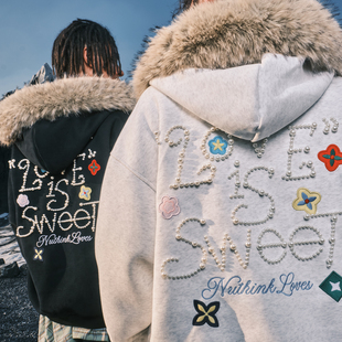 Nuthink美式 复古珍珠刺绣毛领连帽卫衣潮牌字母男女2025秋冬新款