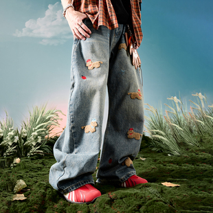 Nuthink美式刺绣小狗牛仔裤水洗复古加绒长裤男款裤子2026年春季