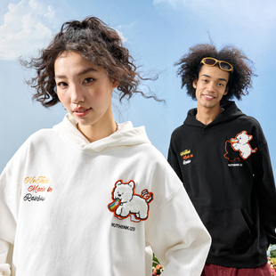 Nuthink美式 小狗字母刺绣加绒连帽卫衣魔术贴潮牌男女2025冬新款