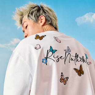 男女2025夏新款 潮牌半袖 T恤重磅美式 Nuthink蝴蝶花卉刺绣字母短袖