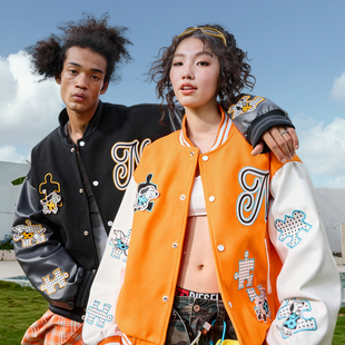 Nuthink美式 潮牌卡通小狗刺绣棒球服夹克外套撞色拼接2025冬新款