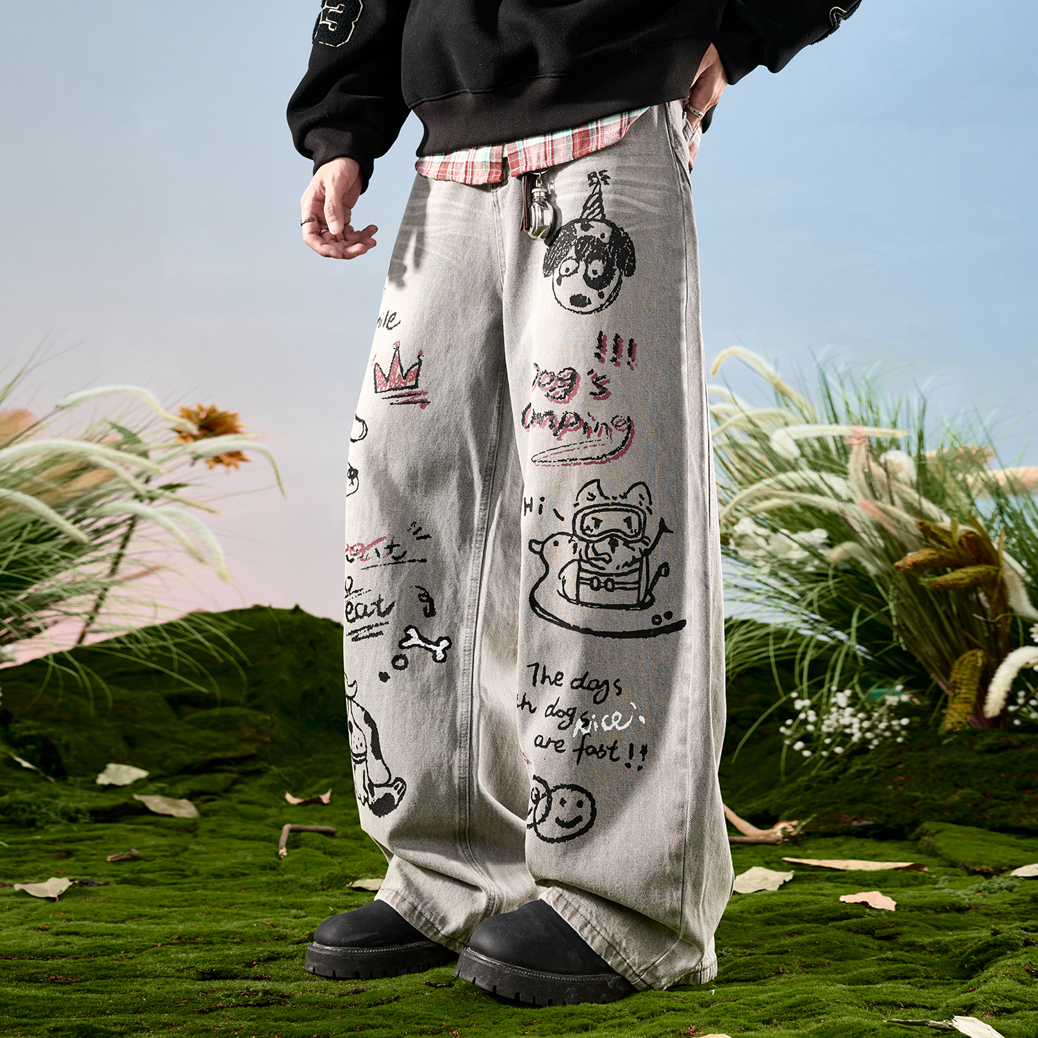 Nuthink阔腿涂鸦小狗字母牛仔裤