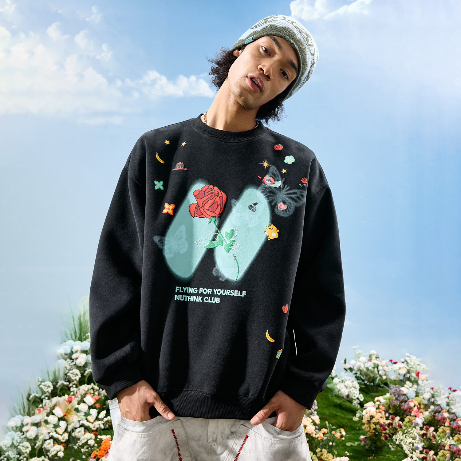 Nuthink玫瑰卡通圆领卫衣男美式