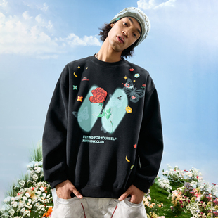 新款 Nuthink美式 潮牌玫瑰字母卡通贴纸圆领卫衣加厚男女2025冬季