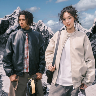 Nuthink美式 复古立领PU皮衣夹克外套潮牌机车服男女2025秋冬新款