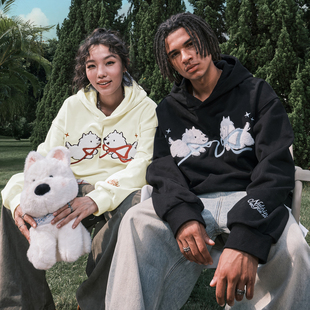 Nuthink美式 复古卡通小狗刺绣连帽卫衣毛巾绣外套男女新2026年春