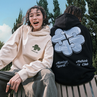 Nuthink美式 复古重磅刺绣四叶草拼图连帽卫衣情侣男女2025冬新款