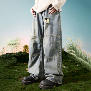 男 拼接假两件破洞做旧2025秋新款 Nuthink美式 复古阔腿弯刀牛仔裤