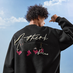 Nuthink美式 复古腊肠狗小狗珍珠字母圆领卫衣情侣男女2025冬新款