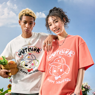 新款 Nuthink美式 宽松情侣2026年夏季 短袖 潮牌刺绣字母小狗T恤男款