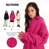 国潮字母刺绣玫红色加绒卫衣潮牌男女oversize情侣外套2026年春季