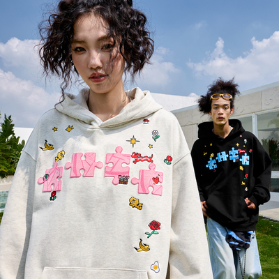 Nuthink拼图卡通贴纸刺绣卫衣男