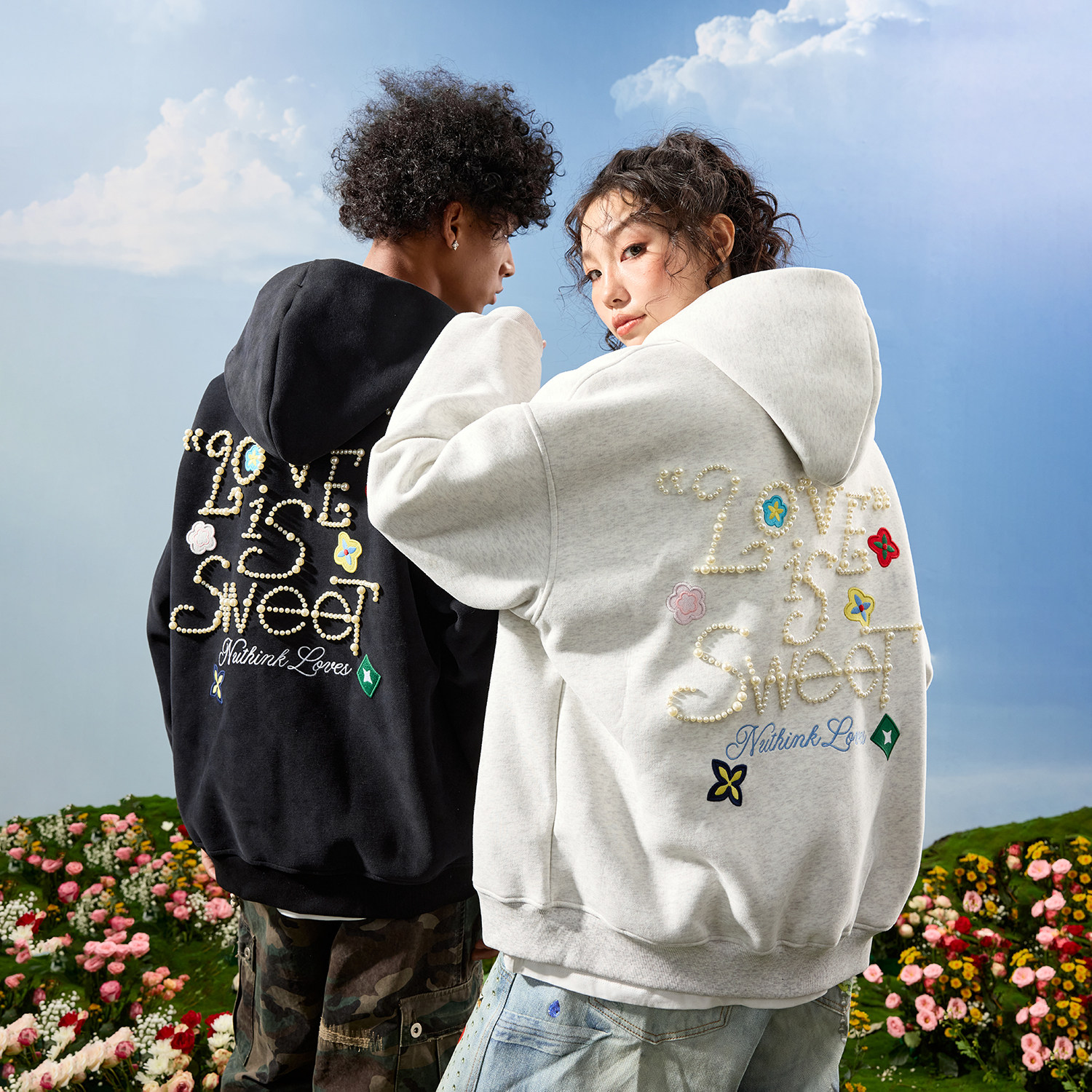 Nuthink珍珠花卉刺绣卫衣开衫男