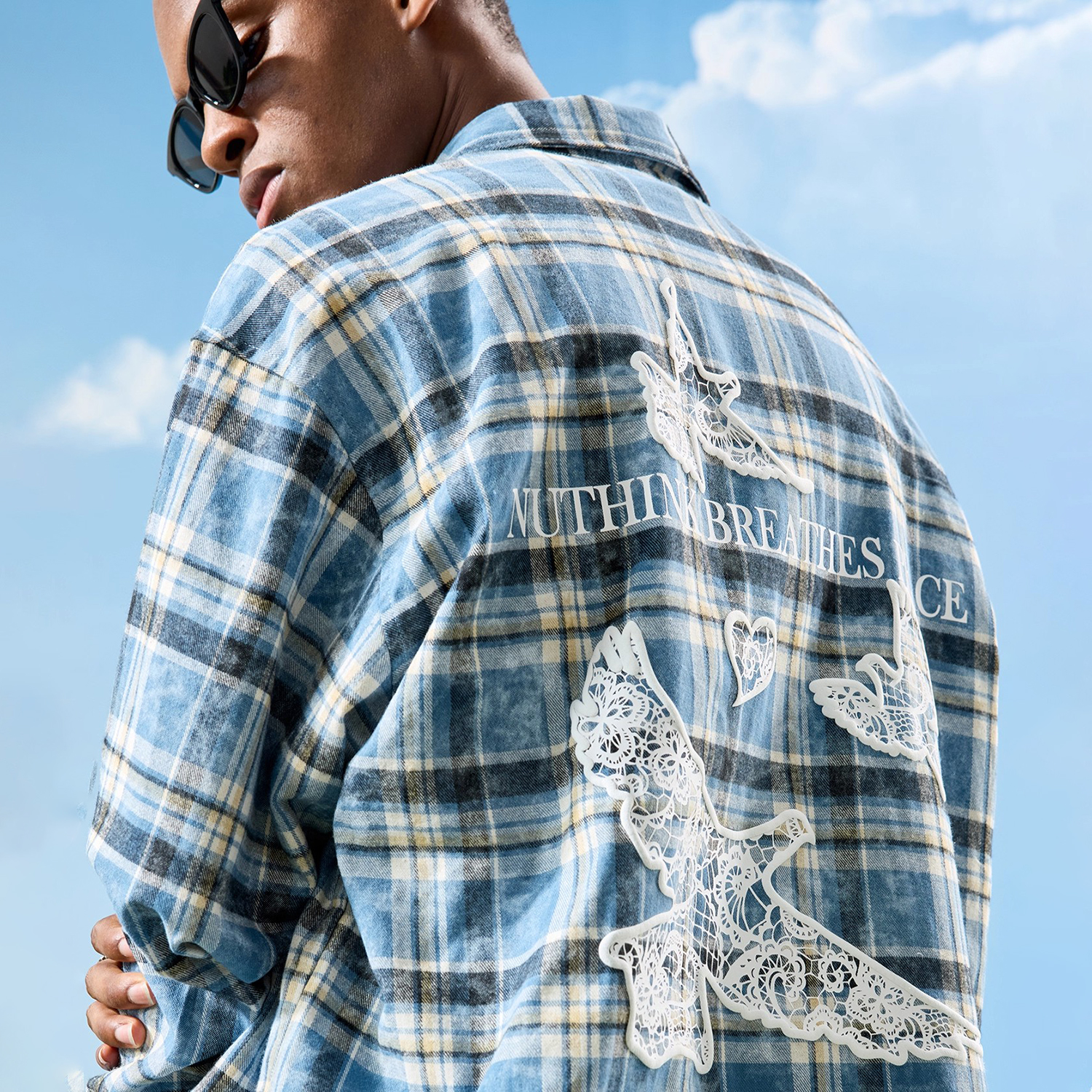 Nuthink蕾丝发泡印花格子衬衫男