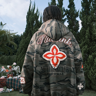 外套男2025冬新款 Nuthink美式 重磅刺绣字母数字迷彩连帽卫衣开衫