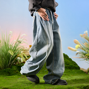 垂感裤 阔腿弯刀裤 子水洗2026年春 复古拼接刺绣牛仔裤 Nuthink美式