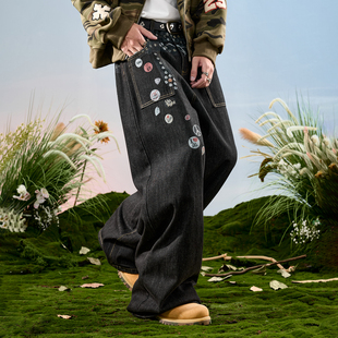 2025冬新款 垂感长裤 潮牌徽章印花腰带吊链阔腿牛仔裤 Nuthink美式