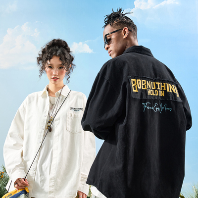 Nuthink须边贴布刺绣长袖衬衫男