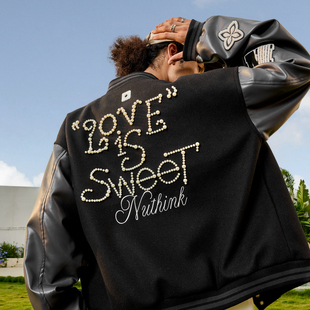 Nuthink美式 潮牌重工珍珠字母刺绣棒球服夹克外套男女2025冬新款