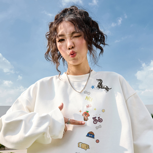 新款 Nuthink美式 潮牌卡通贴纸小狗圆领卫衣加绒情侣男女2025冬季