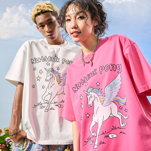 新款 T恤情侣男女玫红色2026年夏季 潮牌卡通独角兽短袖 Nuthink美式