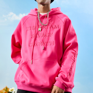 Nuthink美式 复古字母刺绣连帽卫衣玫红色外套潮牌加绒2025冬新款