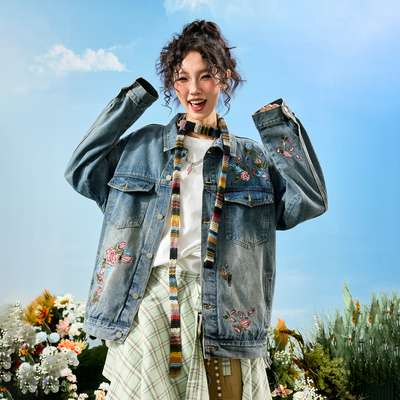 Nuthink花卉刺绣复古牛仔外套男