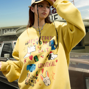 新款 Nuthink美式 复古卡通小狗涂鸦圆领卫衣潮牌加绒加厚2025冬季