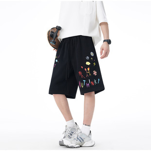 新款 Nuthink美式 松紧男女2025夏季 宽松童趣印花五分裤 复古短裤