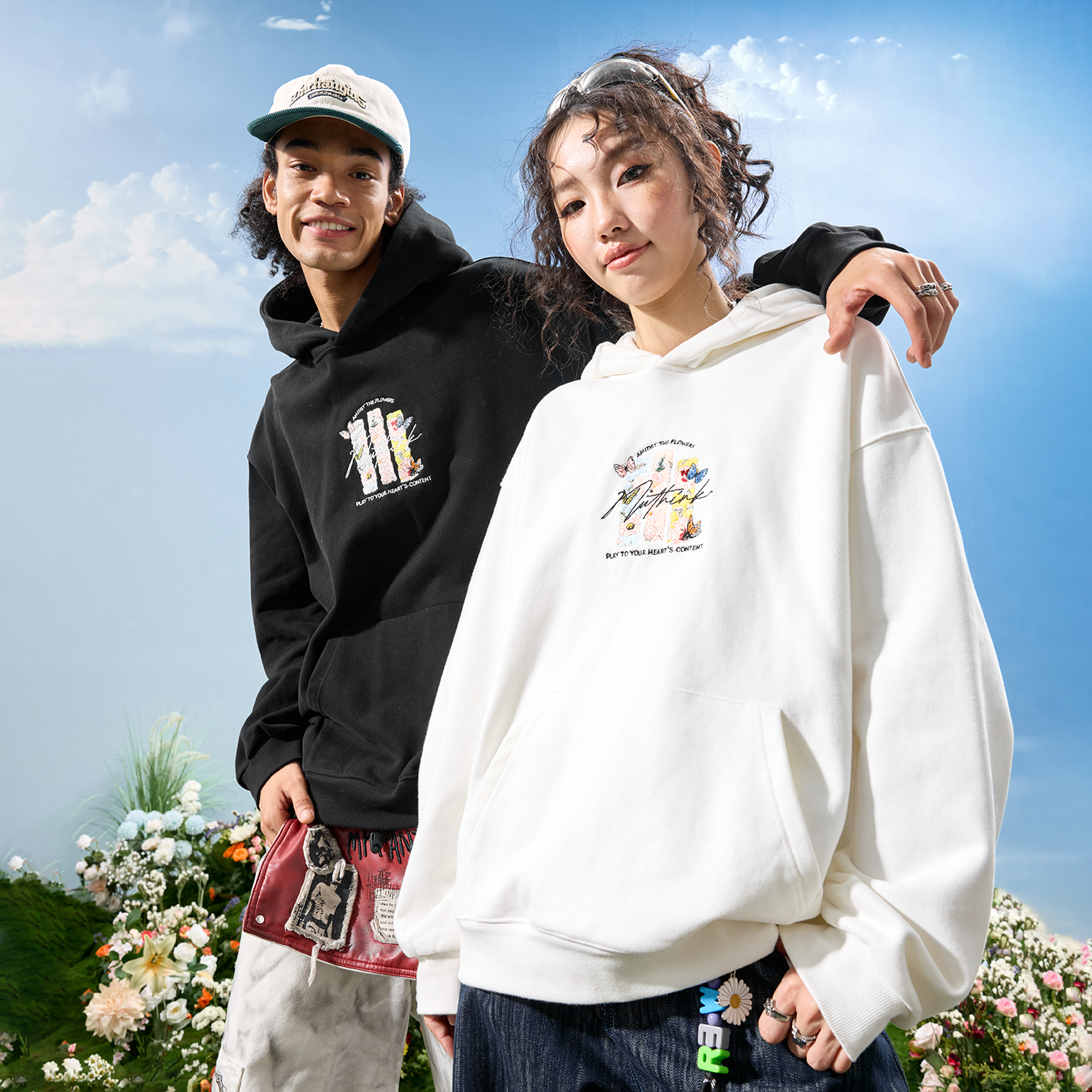 Nuthink美式复古蝴蝶字母刺绣连帽卫衣彩色花卉男女2025秋冬新款