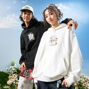 Nuthink美式 复古蝴蝶字母刺绣连帽卫衣彩色花卉男女2025秋冬新款