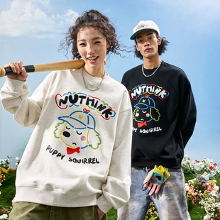 Nuthink刺绣彩色小狗字母圆领卫衣美式 卡通撞色男女2025冬新款