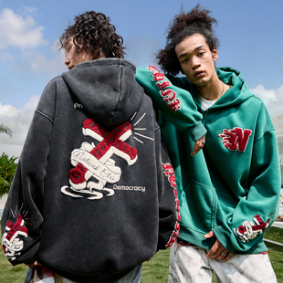 新款 Nuthink美式 十字架重工刺绣50万针连帽卫衣水洗加绒2025冬季