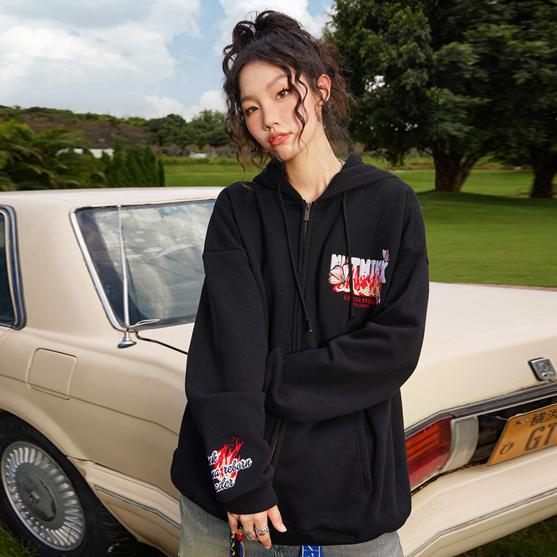 Nuthink帽衫火焰刺绣开衫卫衣男