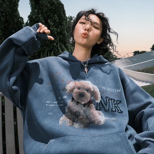 新款 Nuthink美式 复古洗水做旧小狗珍珠字母连帽卫衣男女2025冬季